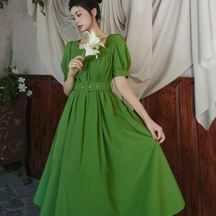 复古方领vintage风系带灯笼袖 法式 大摆连衣裙 复古绿 弥爱原创