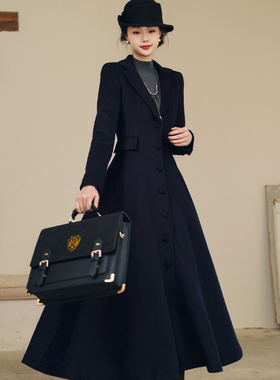 弥爱原创《魔法部制服》60羊毛呢大衣复古通勤收腰超长款外套厚冬