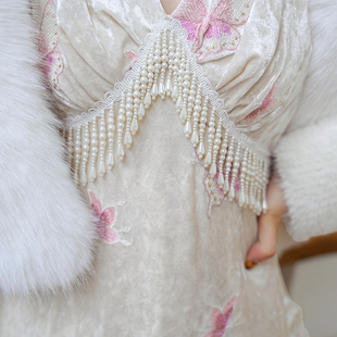 弥爱原创 国风复古丝绒刺绣珍珠链高腰改良旗袍连衣裙 人鱼之歌