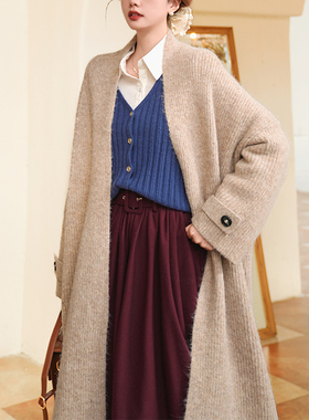 弥爱原创《焦糖板栗》法式复古重工超厚实保暖长款宽松毛衣外套