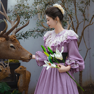 10新品 宫廷复古灯笼袖 弥爱原创 法式 荷叶边连衣裙 朝雾鸢尾