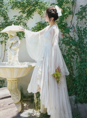 弥爱原创《琉光》新中式仙女海边度假风荷叶袖长款超大摆防晒开衫