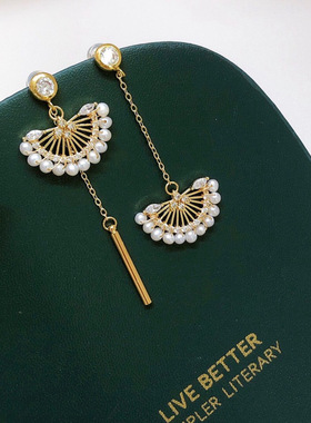 韩系新款扇形不对称耳环手工编织天然淡水珍珠耳钉小众925银针女