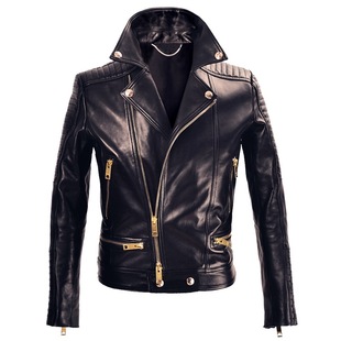 RC欧货BR风男女情侣款 绵羊皮真皮皮衣金色拉链机车夹克外套