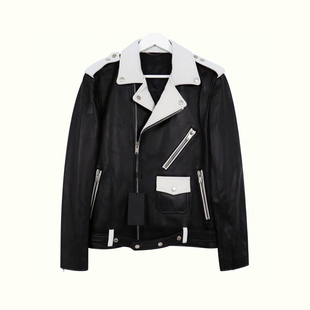 明星GD同款 黑白拼色进口羊皮机车夹克皮衣男女款 SL风格 RC欧货