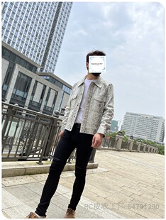 RC欧货D家风纯进口土耳其蟒蛇纹羊皮宽角领牛仔夹克皮衣连肩袖