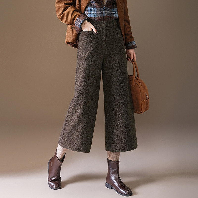 休闲通勤毛呢阔腿八分靴裤
