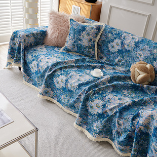 沙发盖布 通用防猫一片式 美式 复古莫奈花园油画系列棉麻沙发巾四季