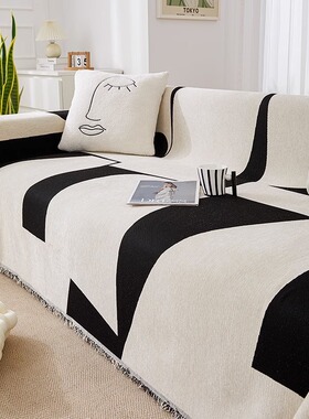 简约现代几何方块雪尼尔沙发巾四季通用极简防滑防猫抓沙发盖布巾