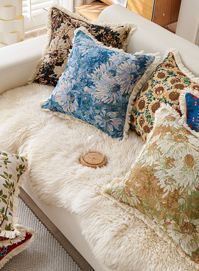 美式莫奈花园油画系列抱枕乡村复古风花卉图案棉麻装饰枕沙发抱枕