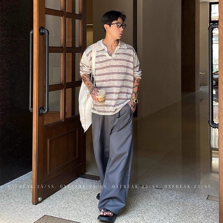 OXFREAK 「轻薄透气 慵懒肌理」条纹长袖t恤男休闲宽松POLO衫上衣