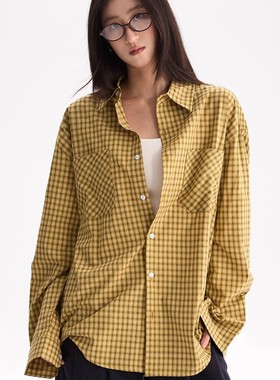 Apocket美式复古黄色格子衬衫男女慵懒风宽松百搭休闲长袖衬衣潮