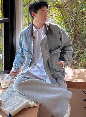 ROOR NLSH美式复古水洗做旧皮衣领拼接翻领牛仔外套男女宽松夹克