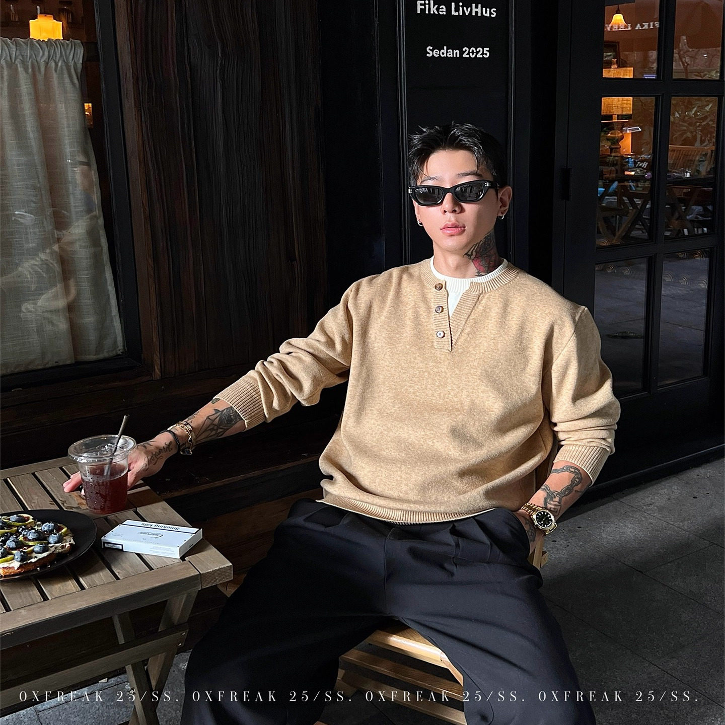 OXFREAK 老钱风假两件亨利领毛衣男秋冬新款保暖休闲宽松针织衫潮