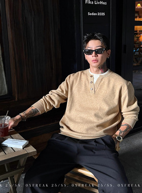 OXFREAK 老钱风假两件亨利领毛衣男秋冬新款保暖休闲宽松针织衫潮