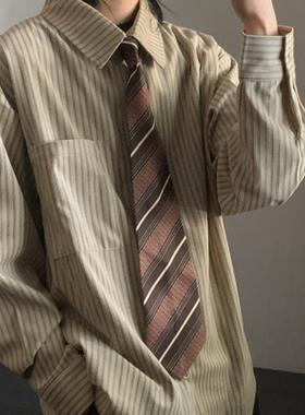 wtmp秋季日系磨毛棕色条纹衬衫男女潮牌设计复古休闲质感长袖衬衣
