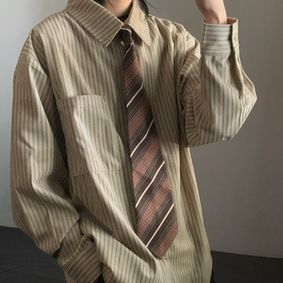 wtmp秋季日系磨毛棕色条纹衬衫男女潮牌设计复古休闲质感长袖衬衣