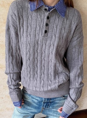 Apocket美式假两件格子麻花针织毛衣男女cleanfit老钱风宽松上衣