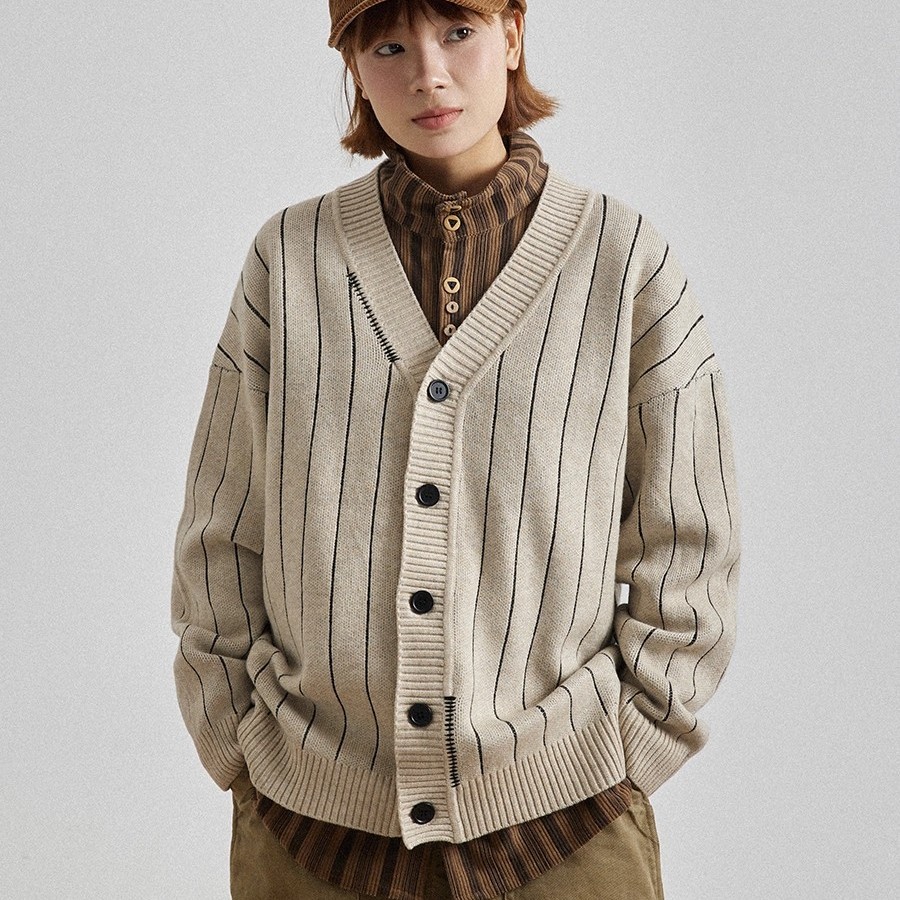 GoodNorth美拉德条纹开衫外套男女同款秋冬宽松学院风v领针织毛衣