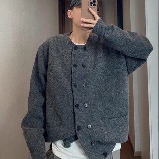 dannyandzee秋季复古百搭圆领黑灰纯色双排扣针织开衫毛衣外套男