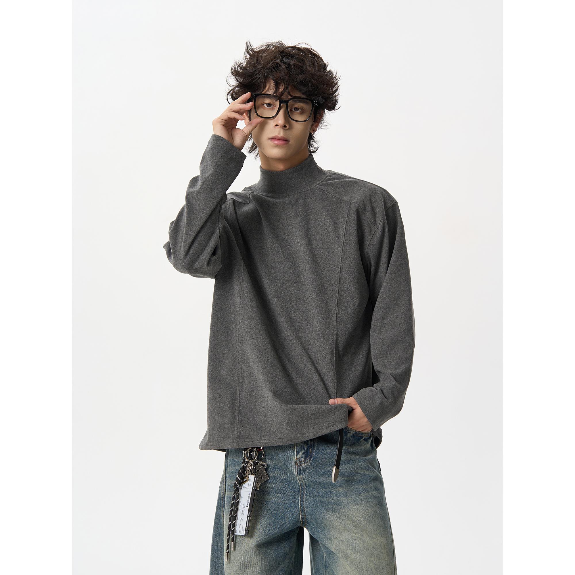 MASONSOUL原创半高领水泥灰解构分割设计感打底双面绒长袖内搭T恤