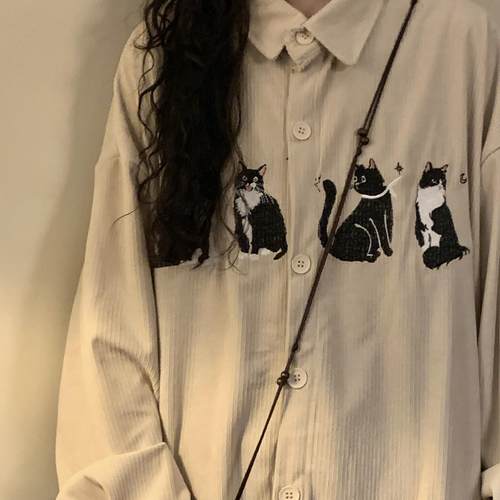NAGA自制秋季美式复古趣味小猫刺绣灯芯绒宽松休闲长袖衬衫男女潮