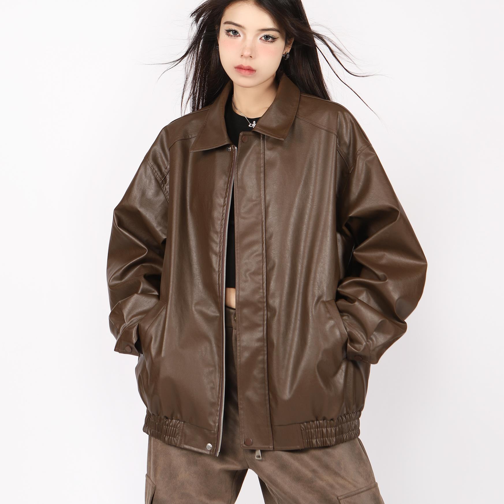 BIGGOLD棕色皮衣外套男女棉服夹棉机车翻领美式复古PU情侣夹克潮