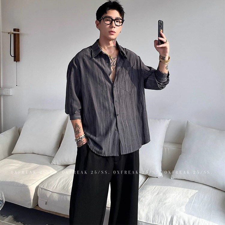 OXFREAK 「轻薄肌理感 纹理」通勤长袖衬衫男休闲宽松条纹衬衣潮