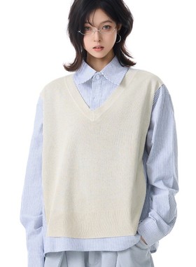 BFLC 拼接假两件竖条纹长袖衬衫男早秋设计感老钱风百搭休闲衬衣