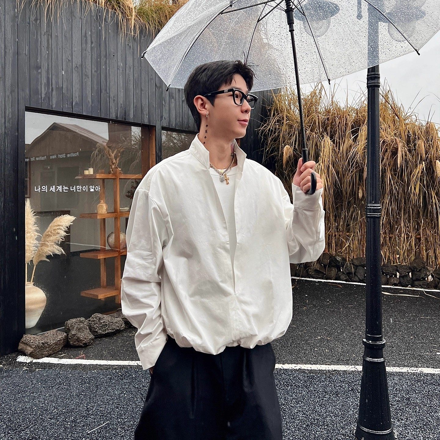 OXFREAK春秋新款老钱风假两件拼接长袖衬衫男设计感小众套头衬衣