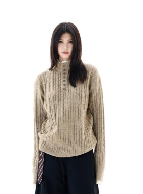 OEOT美式假两件设计麻花亨利领毛衣男女慵懒高级感宽松套头针织衫