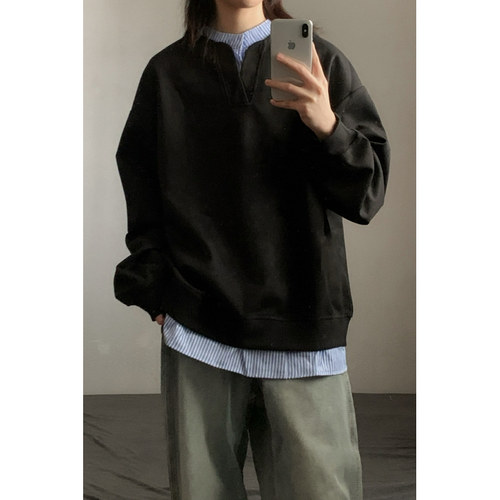 wtmp日系复古撞色拼接假两件衬衫卫衣男女潮牌宽松休闲翻领上衣