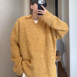 dannyandzee秋冬复古百搭宽松软糯V领粗线套头翻领落肩针织毛衣男