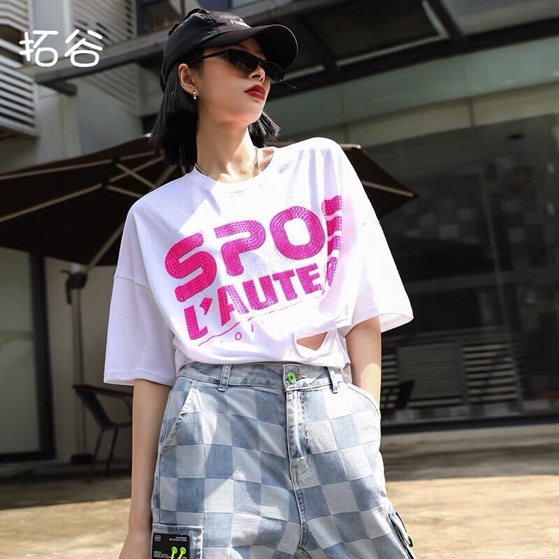 遇拓谷2026春夏季新款专柜女性感ins不规则白色短袖t恤短款上衣女图片