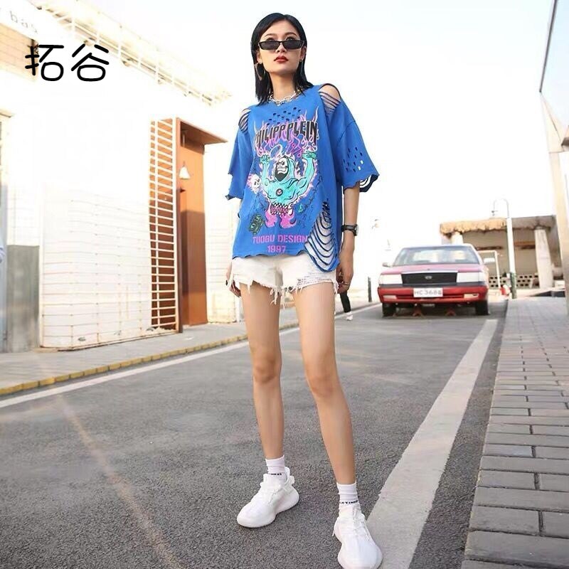 拓谷2026春夏新款专柜女个性时尚破洞露背潮酷酷T恤 女图片