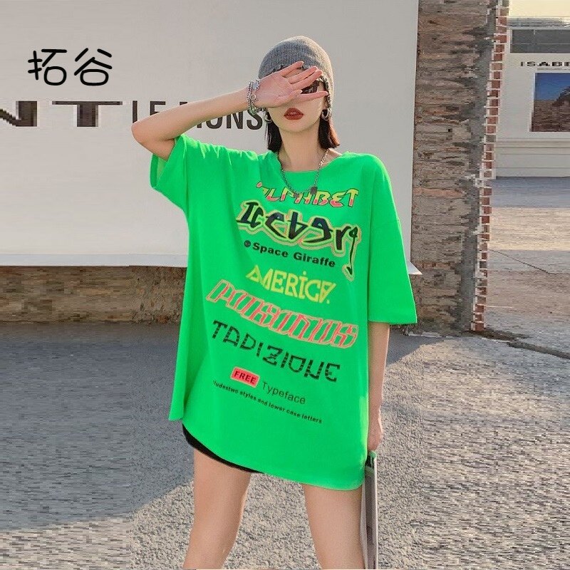 拓谷2023夏季新款专柜女欧美街头中长款潮牌宽松个性短袖T恤女