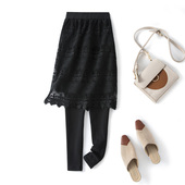 黑色弹力高腰女连裤 带裙打底裤 胖秋薄款 一体假两件大码 裙 蕾丝裙裤