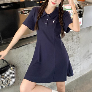 实拍2025夏装新款胖mm大码女减龄刺绣polo领收腰显瘦长短款连衣裙