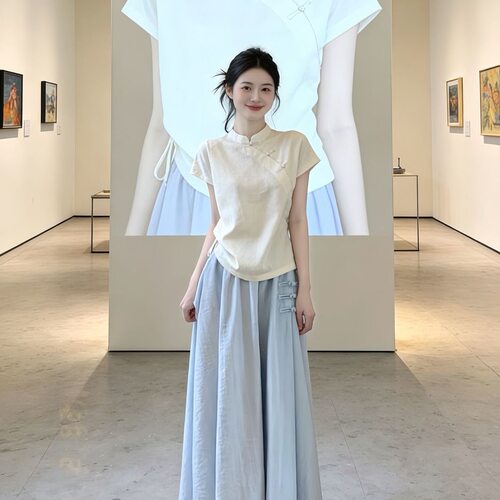 夏日季款新中式国风汉元素日常年轻款旗袍上衣连衣裙子两件套装女