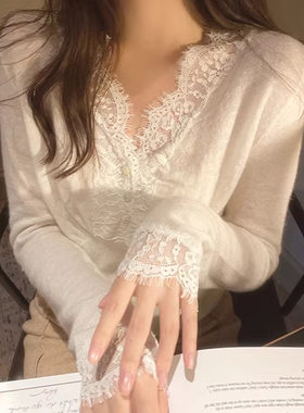 2026春季白色蕾丝衫网纱拼接打底衫女新款春款内搭洋气法式上衣