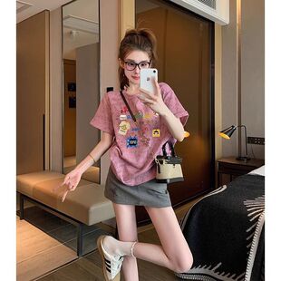 2026新款夏季高级感晕染正肩短袖t恤女美式复古宽松休闲纯棉上衣