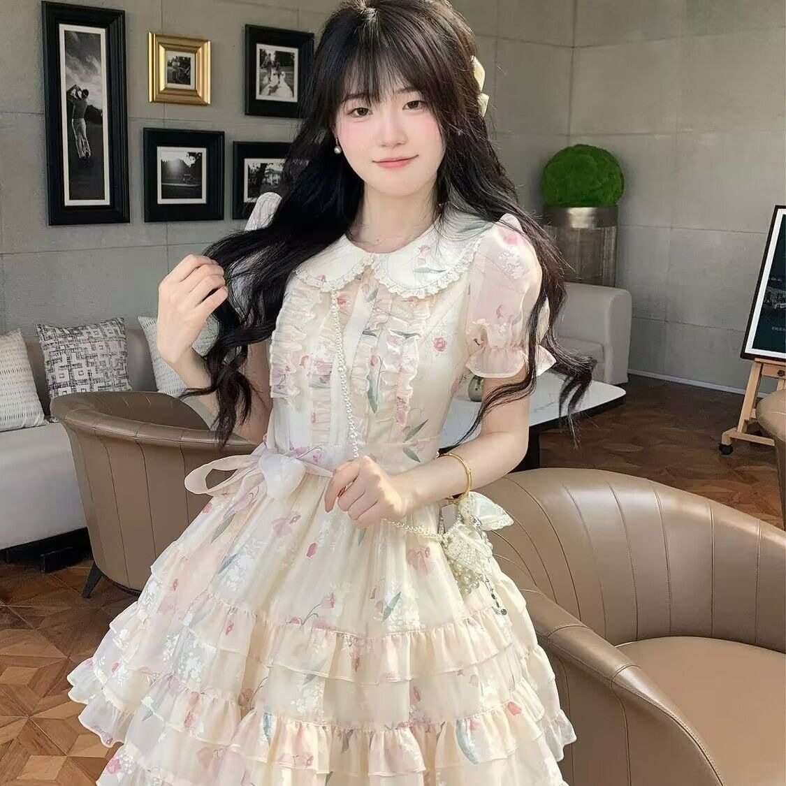 娃娃领甜美可爱小清新连衣裙夏季初中高中学生洛丽塔碎花公主裙子