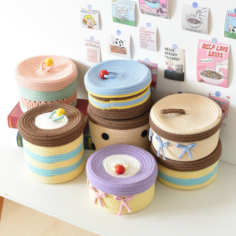 可爱编织带盖收纳筐手工DIY杂物收纳盒桌面家居玩具收纳篮整理篮,收纳整理,收纳筐,淘宝优惠券,粉丝福利购,淘宝优惠卷