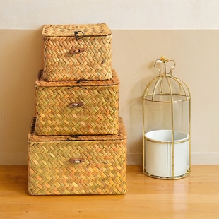 日式带盖桌面草编收纳箱竹编礼盒收纳筐伴手礼藤编篮子海草收纳盒