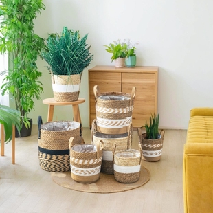 草编花盆篮子筐编织手工蒲草草编竹编花篮手拎盆栽编织蓝草筐盆