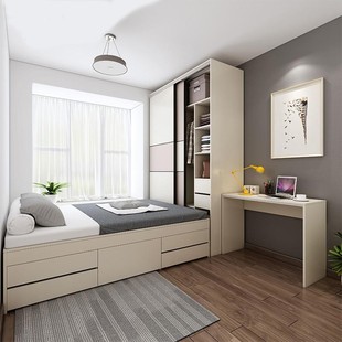 现代简约榻榻米床衣柜一体小户型推拉门卧室儿童房实木储物床定制