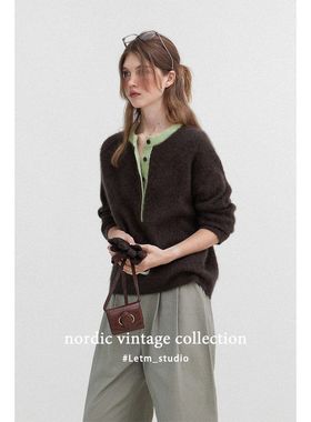 Letm Nordic撞色复古羊毛绒感半开门襟圆领polo毛衣女