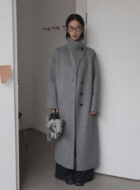 UNITY MODE 高级感灰色100%羊毛大衣女秋冬季加厚双面毛呢外套