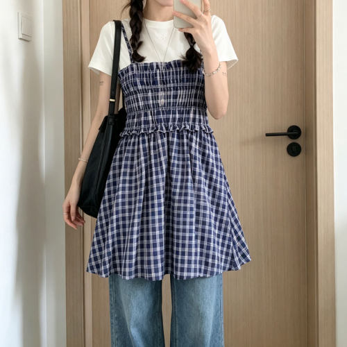 甜辣风套装女夏韩版复古纯色短袖t恤两穿蓝色格子A字半身裙两件套