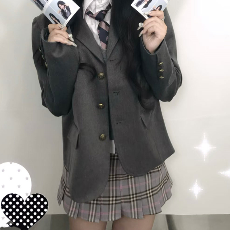 韩版学院风jk制服西装套装女秋冬新款针织灰色马甲格纹短裙三件套